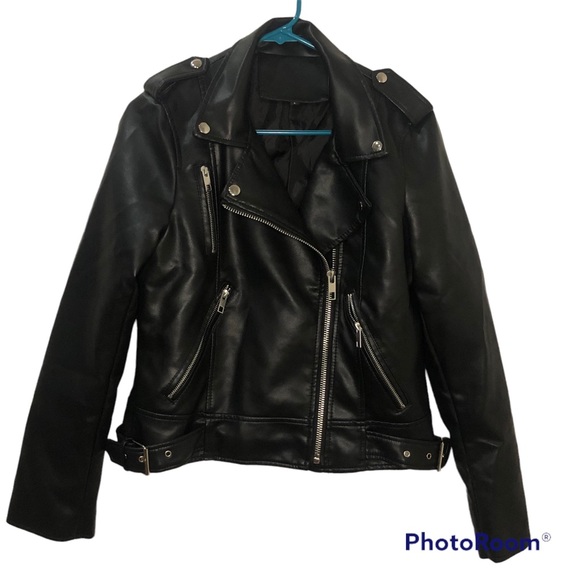 SHEIN Jackets & Blazers - SHEIN faux black leather biker jacket with zippers and snaps